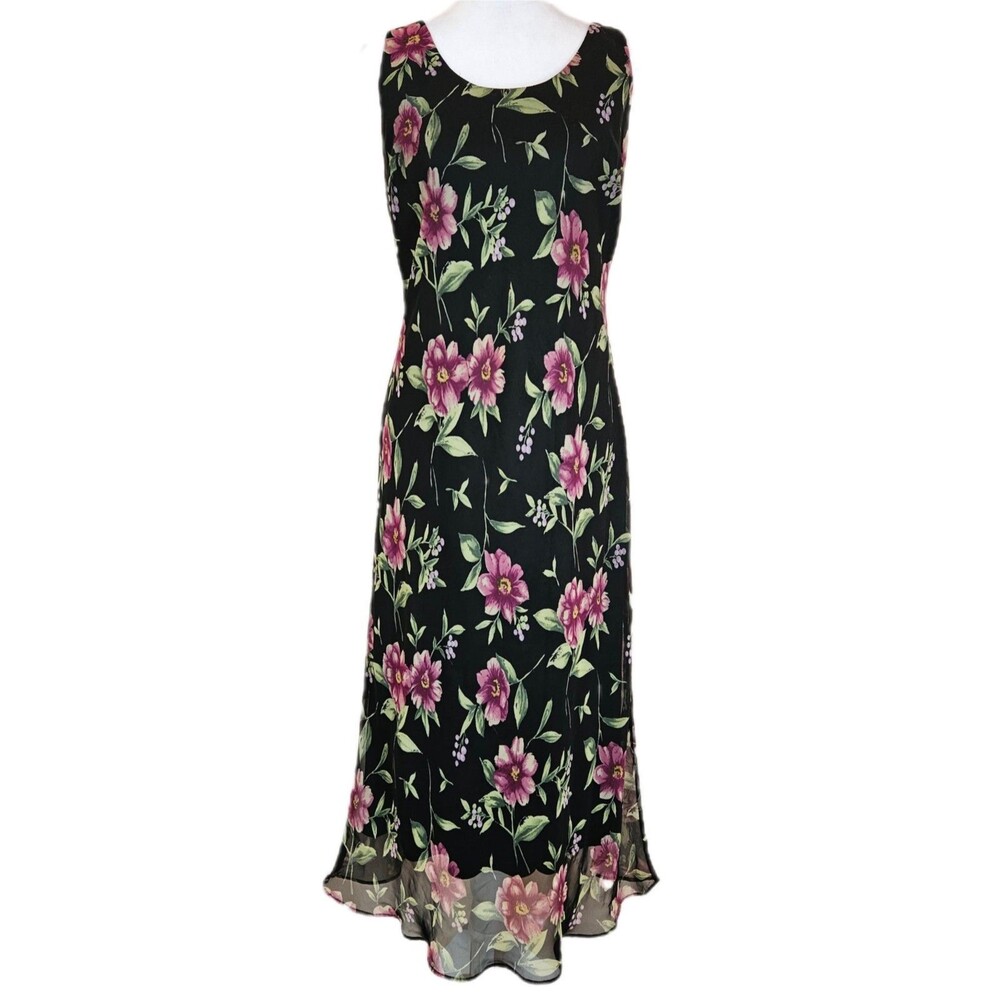 Virgo Petite Dark Floral Midi Slip Dress Women's 12 Sheer Overlay 90s Whimsigoth